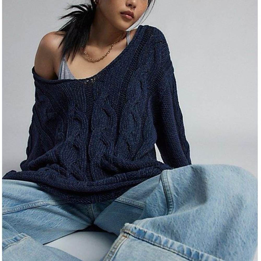 Free People Cable Knitting Neck Oversized Sweater